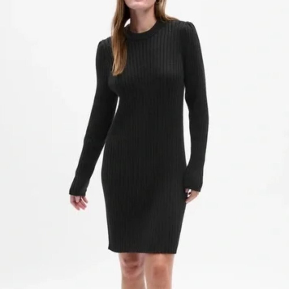 GAP Ribbed Puff Sleeve Black Sweater Mini Dress/NWT/S & L